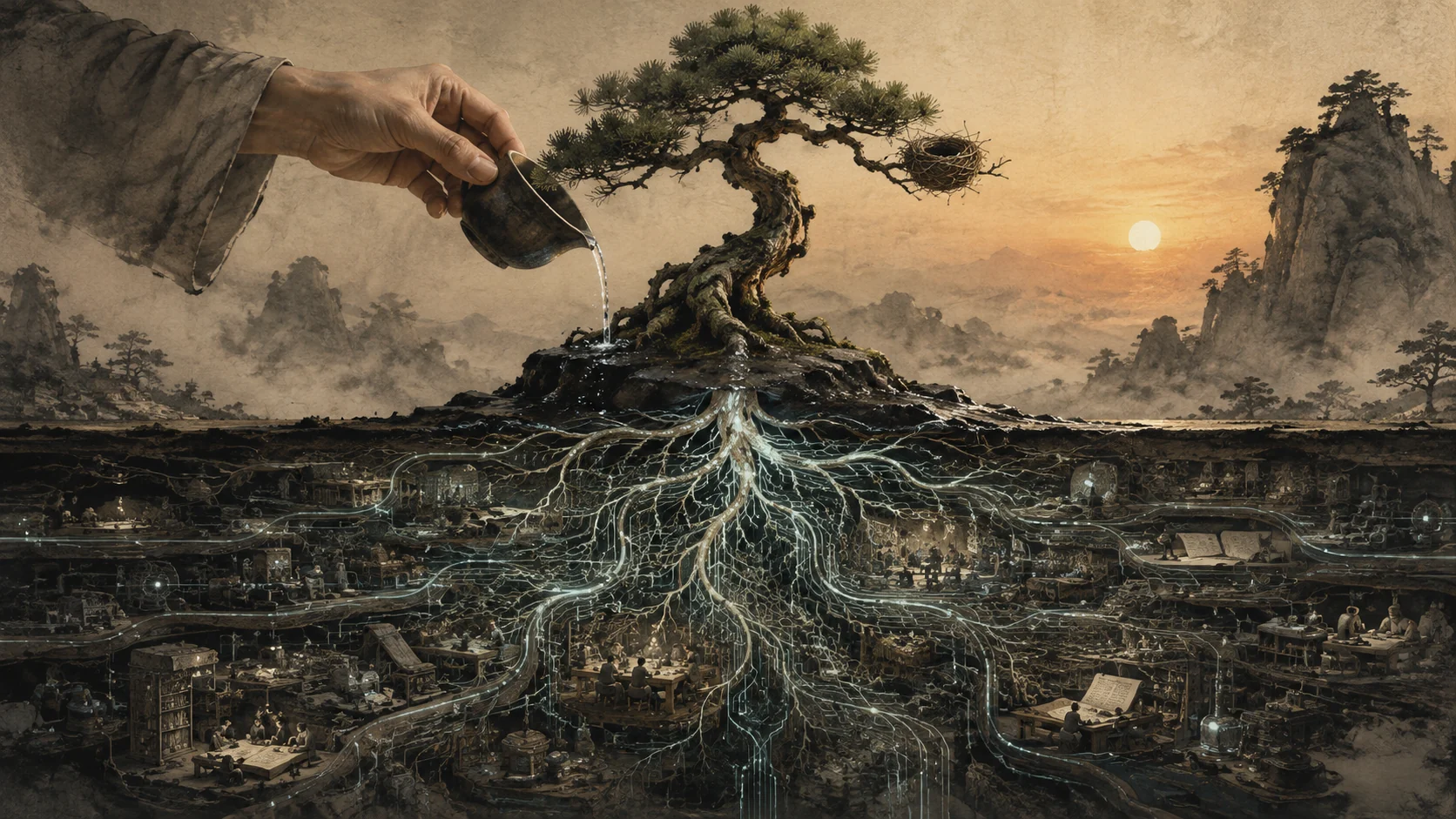 人手浇灌一棵松树，地下根系化为连接工作与工具的发光网络