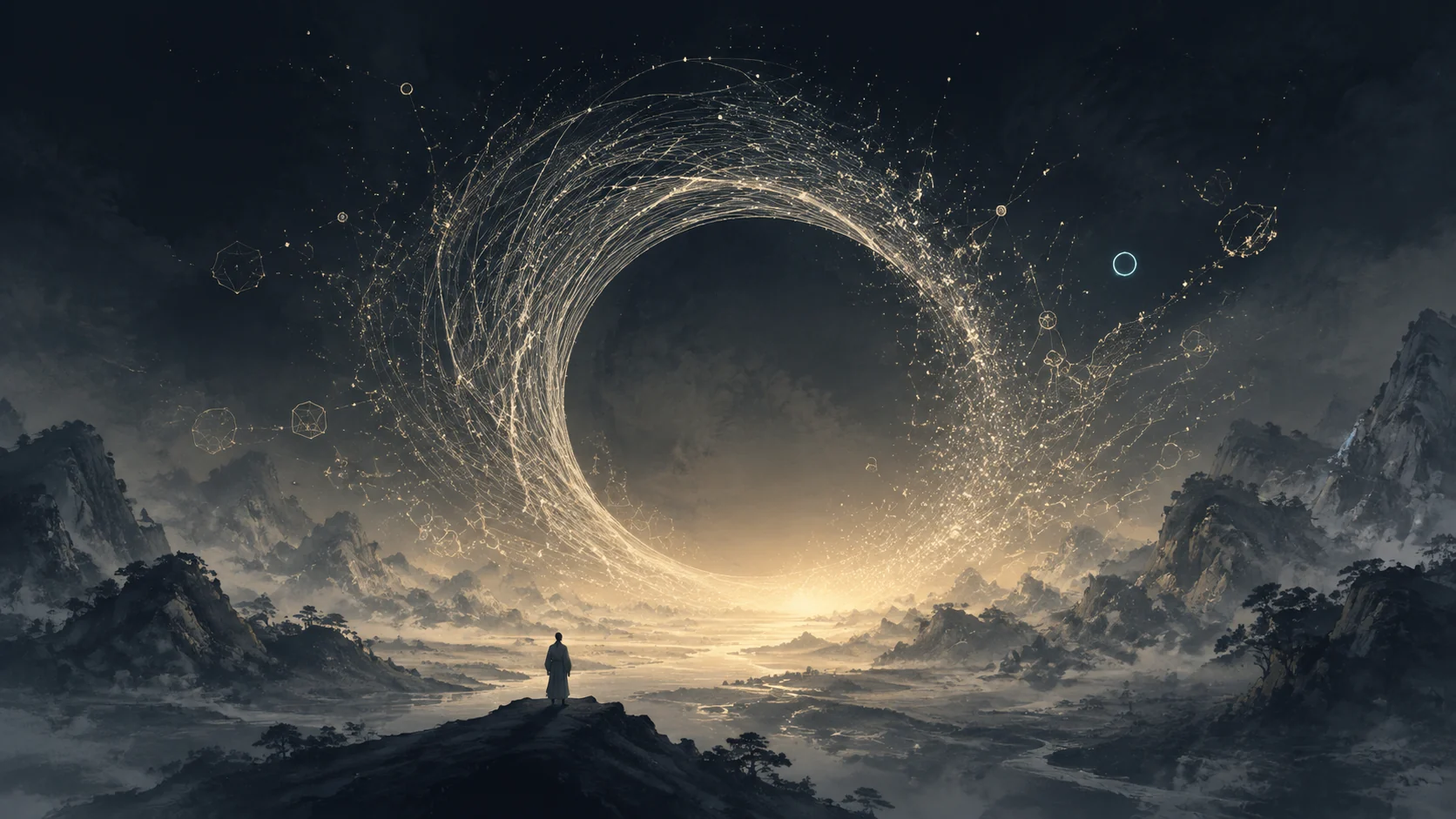 一个人面对星光与神经纤维构成的巨大圆环